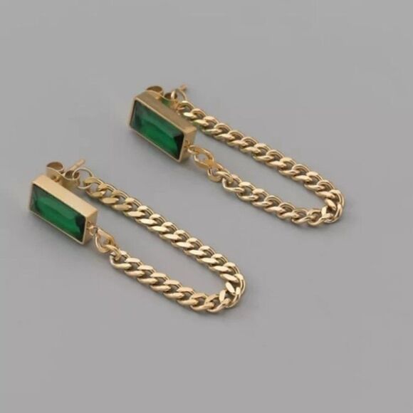 #41 NEW Emerald Green Gemstone 18K Gold Plated Chain Dangle Drop Earrings - Picture 3 of 8